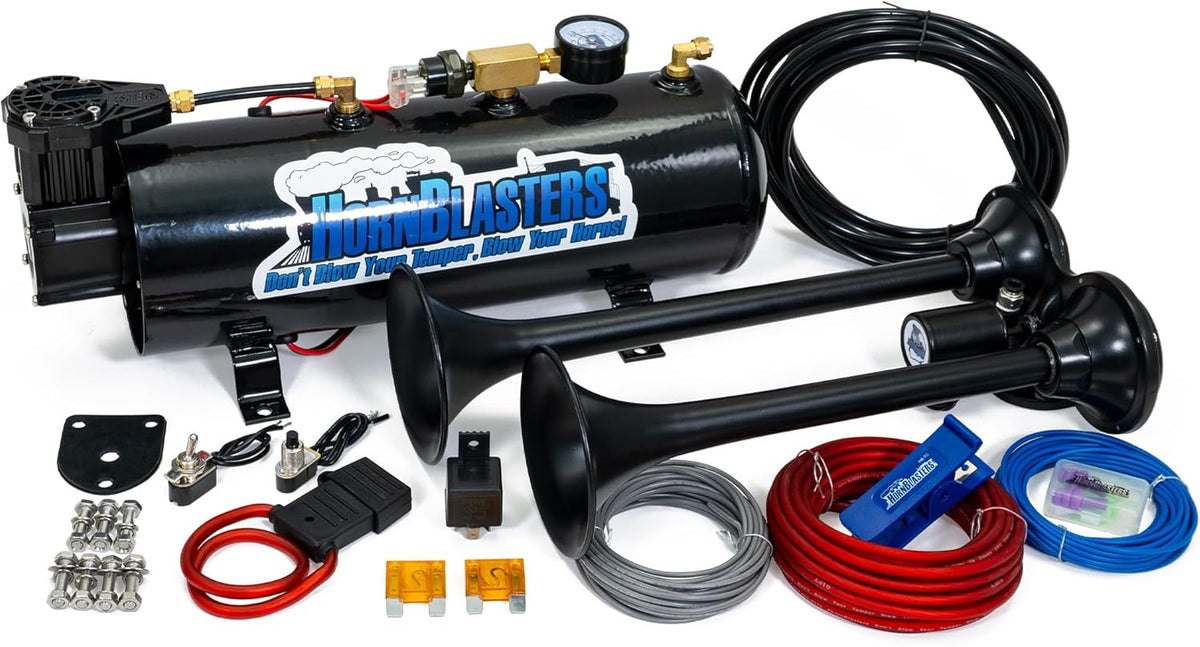 12V 2-Chime 3-Liter Air Horn Kit with 110 PSI Air Source Unit & Stealth Black Air Horn R4694