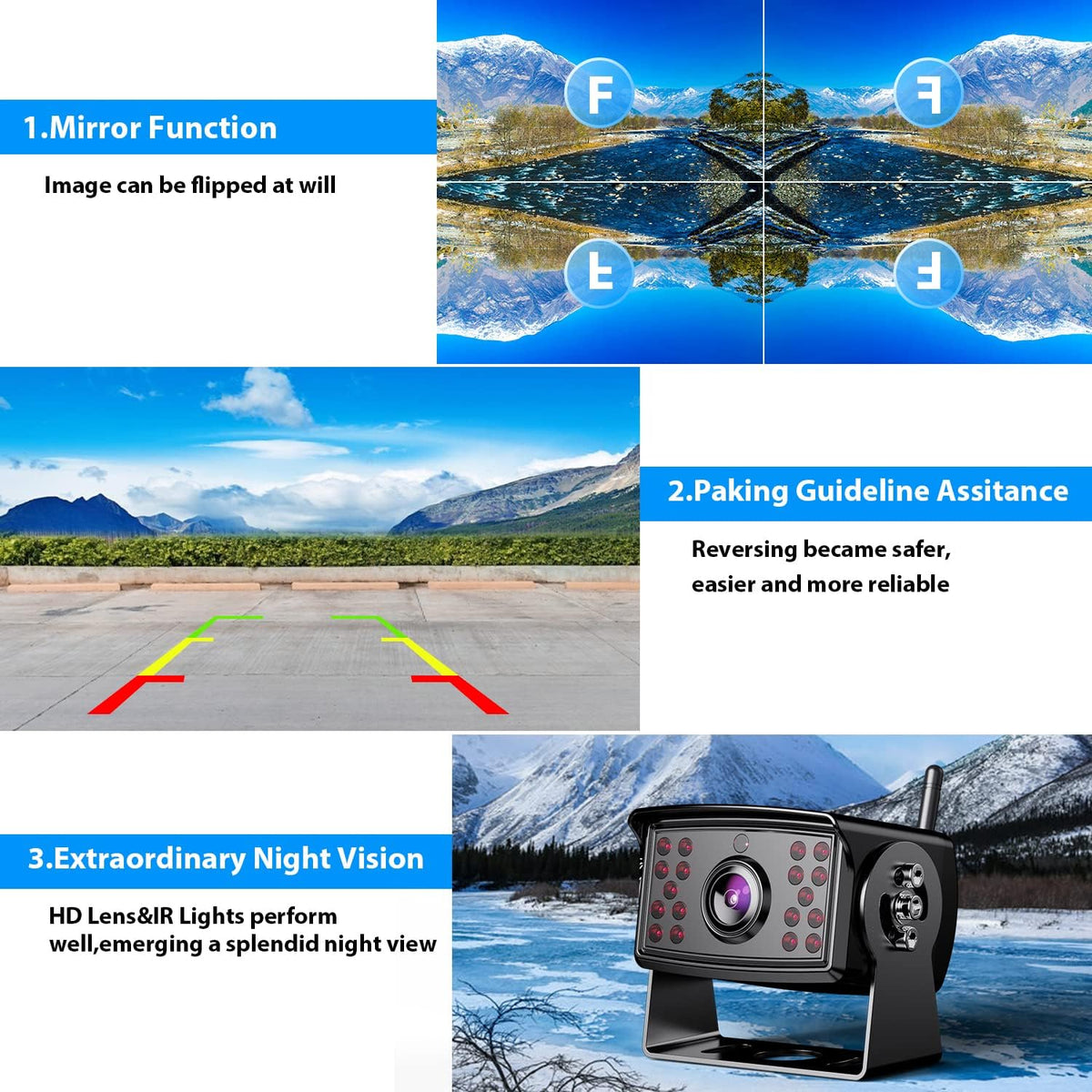 10-inch Wireless Backup Camera System with Recording, IP69 Waterproof Cameras J1256