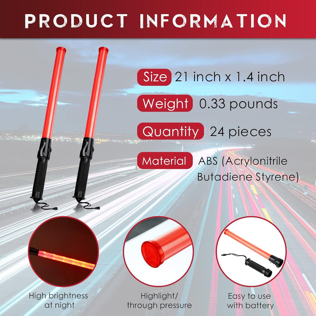 24 Pieces 21 Inch LED Safety Traffic Control Wand with 2 Flashing Modes, Wrist Strap Lanyard and Side Clip X7662