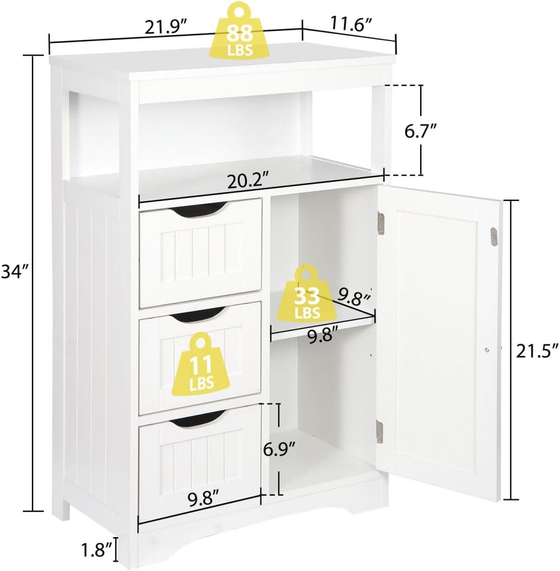 White Wooden Bathroom Floor Cabinet with 1 Door and 3 Drawers N160