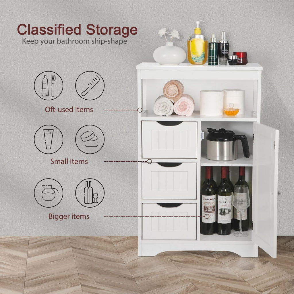 White Wooden Bathroom Floor Cabinet with 1 Door and 3 Drawers N160