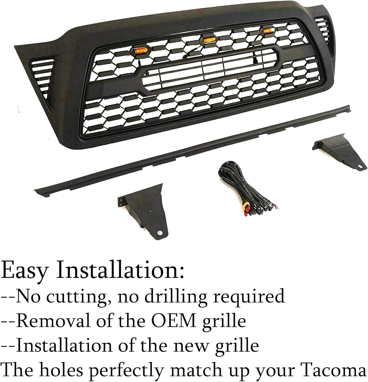 Gloss Black Front Grille with 3 Amber LED Lights D88664