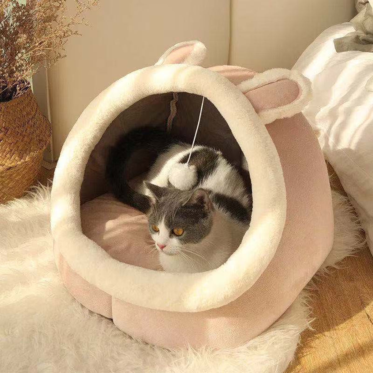 Pink Cotton Cat Bed with Ears Machine Washable L270766