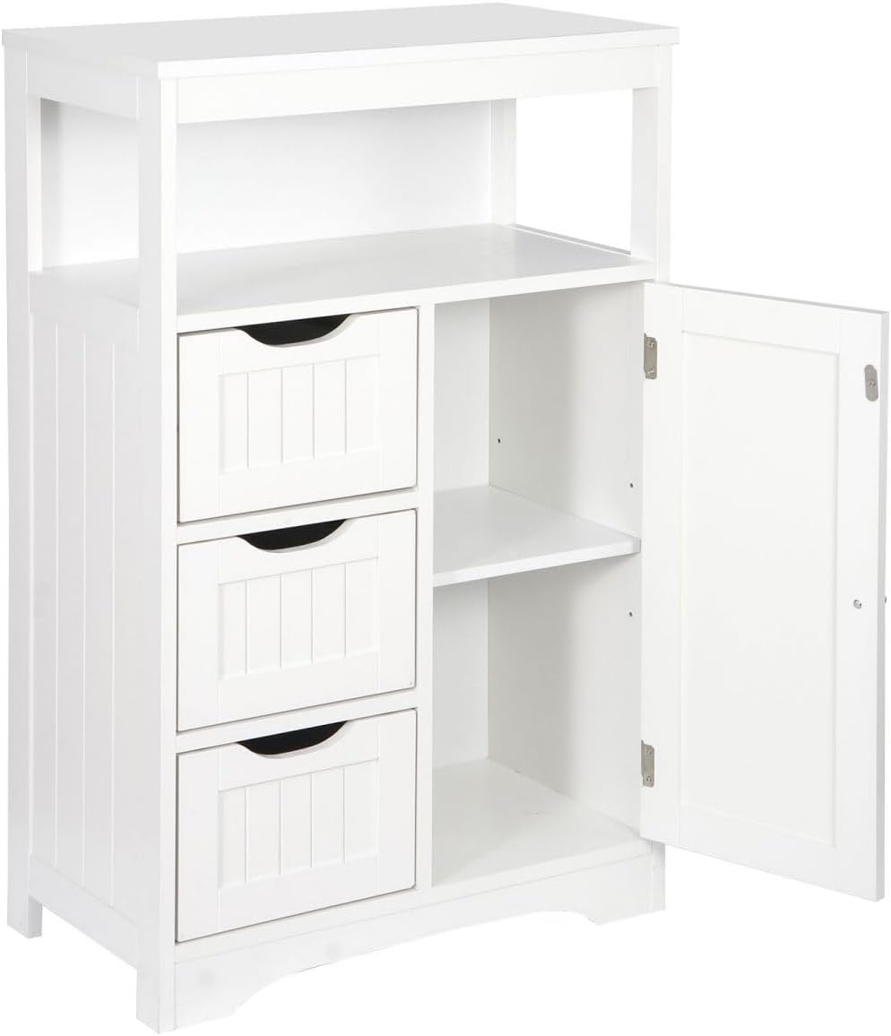 White Wooden Bathroom Floor Cabinet with 1 Door and 3 Drawers N160