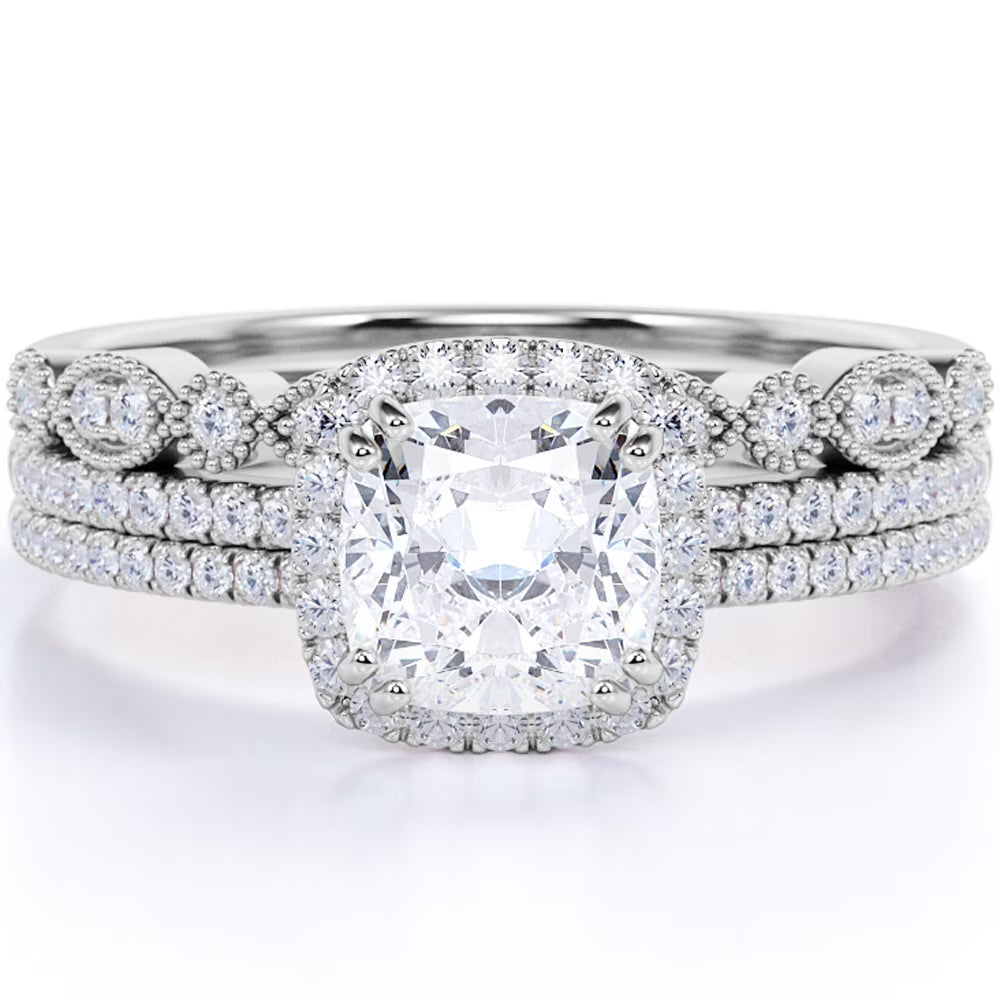 1.75 Carat Moissanite Wedding Trio Ring Set with Engagement Ring and 2 Wedding Bands in 18k Gold Over Silver W70263