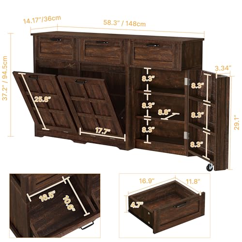 Brown Oak Double Trash Can Cabinet with Drawers P297241