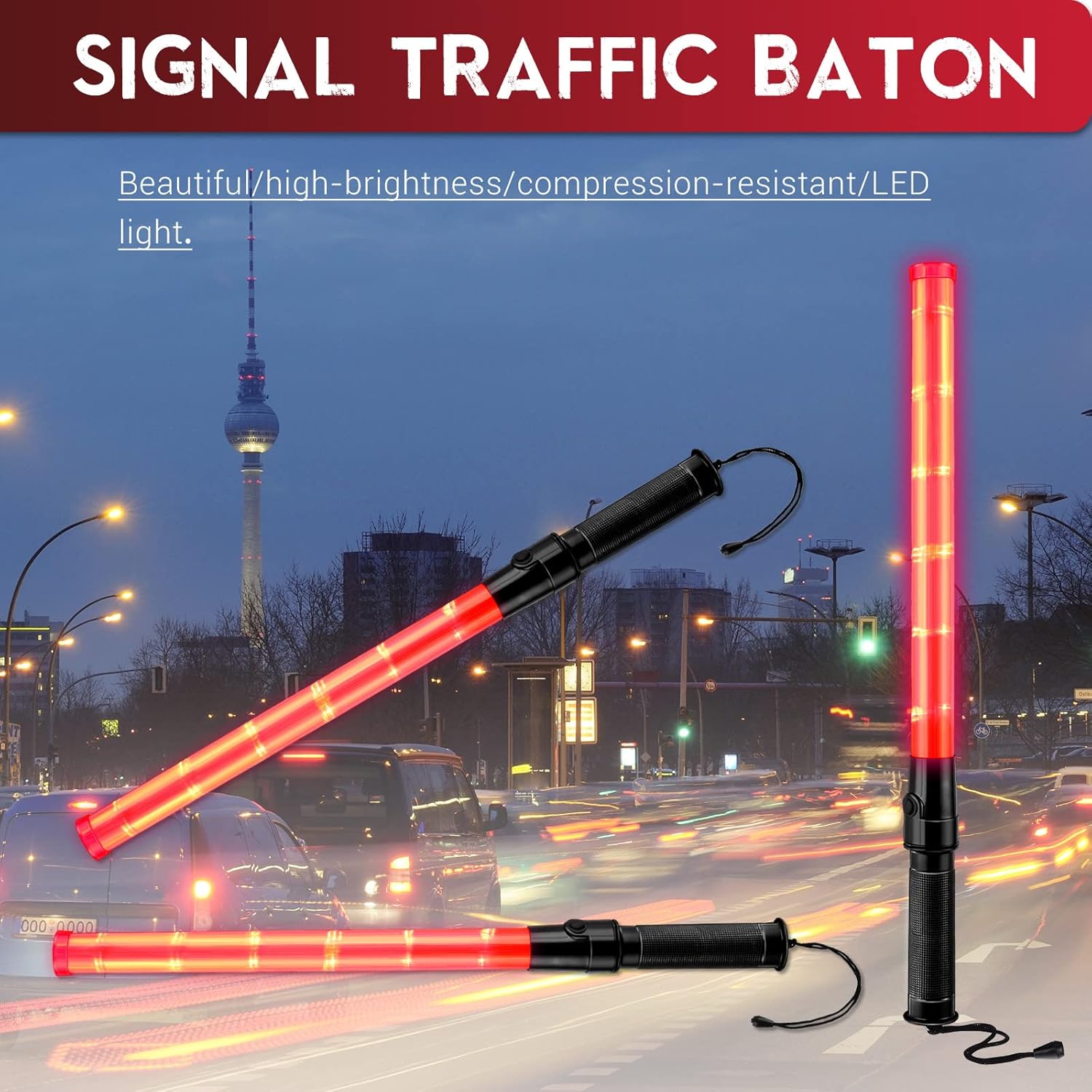 24 Pieces 21 Inch LED Safety Traffic Control Wand with 2 Flashing Modes, Wrist Strap Lanyard and Side Clip X7662