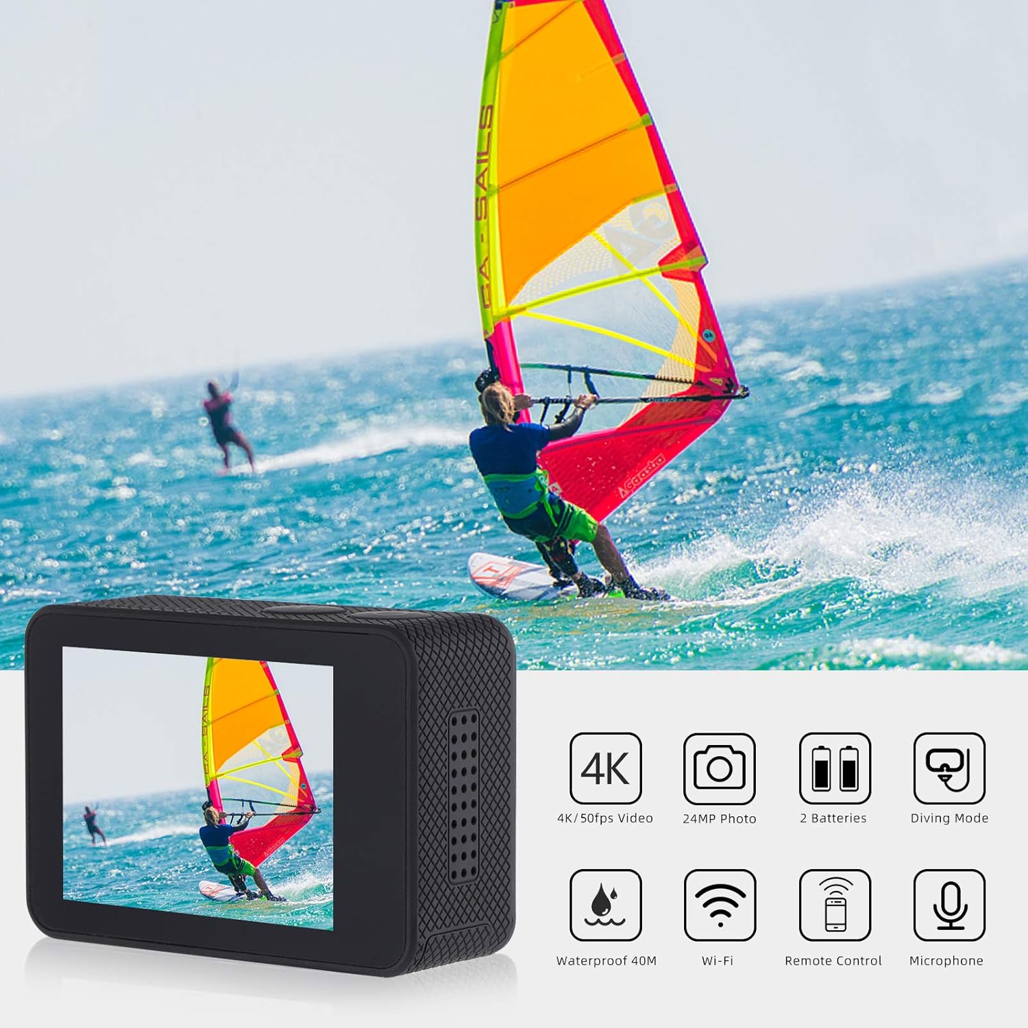 Black 4K 50FPS 24MP Waterproof Action Camera with 32GB Micro SD Card, Pack of 2 U830