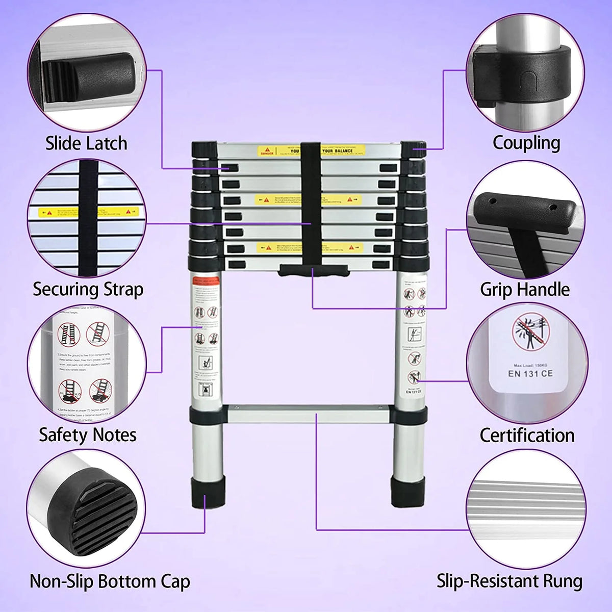 8.5ft Aluminum Telescoping Ladder 9 Steps Non-Slip A869