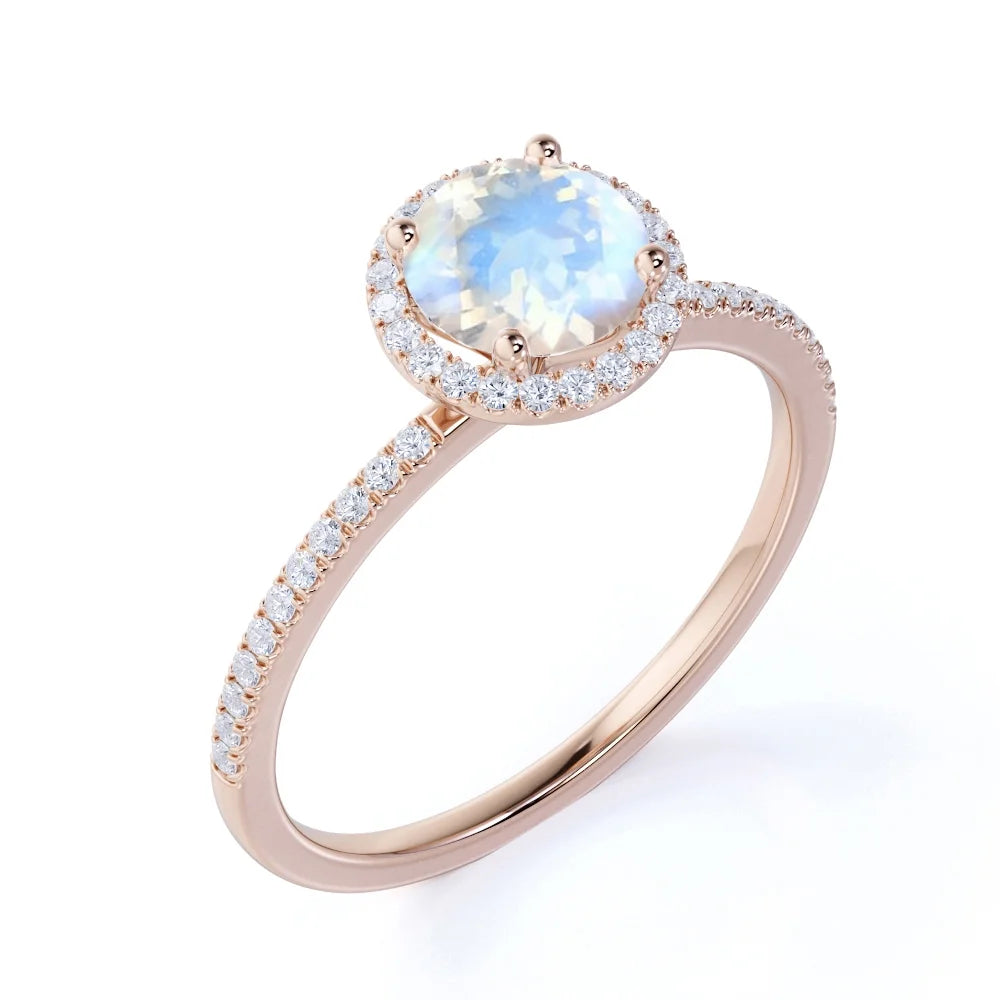 1.75 Carat Round Cut Blue Moonstone and Moissanite Halo Engagement Ring in 18k Rose Gold over Silver E1011
