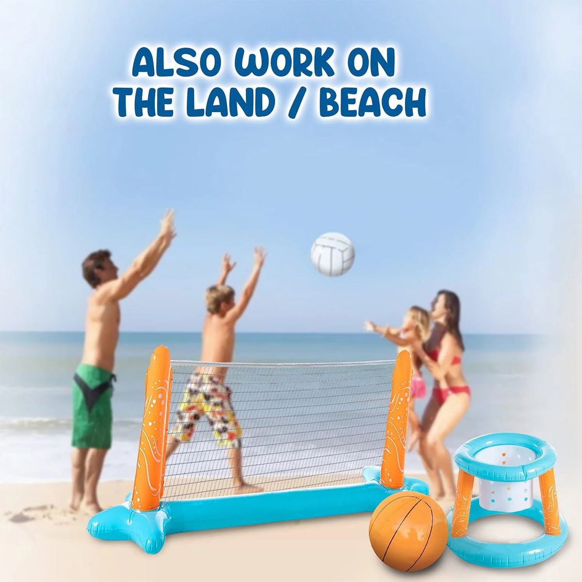 Light Blue Inflatable Pool Game Set with Volleyball Net, Basketball Hoops and Balls U461748