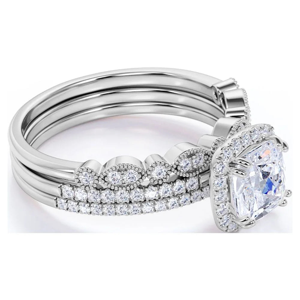 1.75 Carat Moissanite Wedding Trio Ring Set with Engagement Ring and 2 Wedding Bands in 18k Gold Over Silver W70263