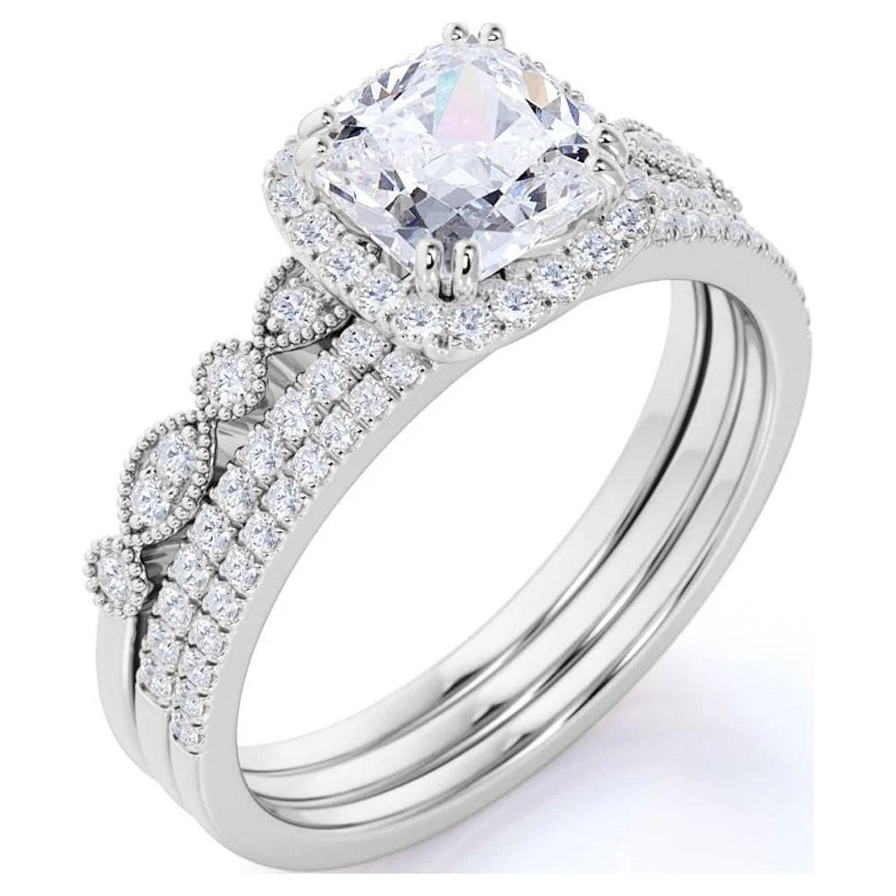 1.75 Carat Moissanite Wedding Trio Ring Set with Engagement Ring and 2 Wedding Bands in 18k Gold Over Silver W70263