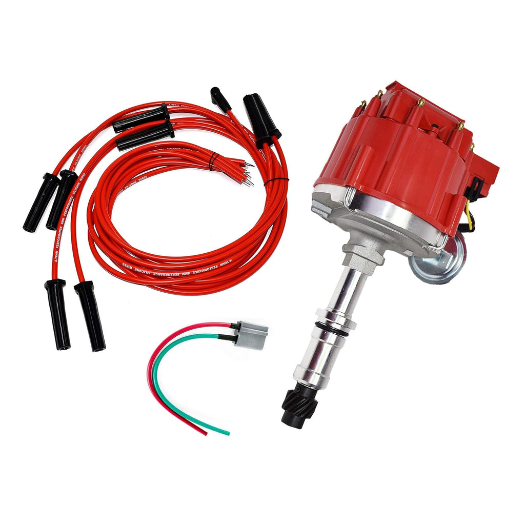 HEI Distributor, 8.0mm Spark Plug Wires, and Battery-Pigtail Harness Kit with Red Cap E237727
