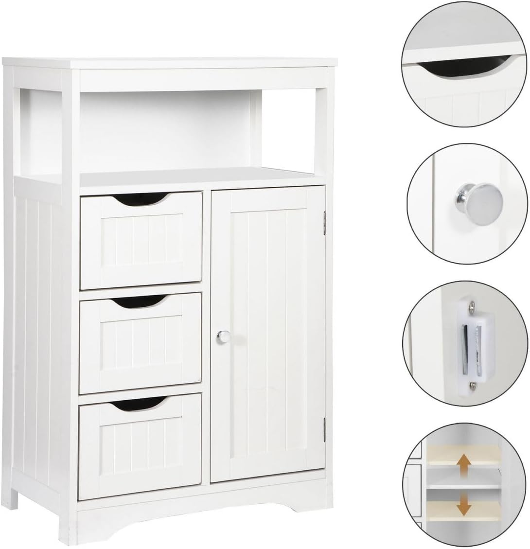 White Wooden Bathroom Floor Cabinet with 1 Door and 3 Drawers N160