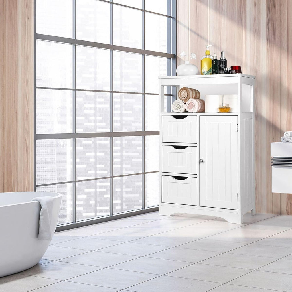 White Wooden Bathroom Floor Cabinet with 1 Door and 3 Drawers N160