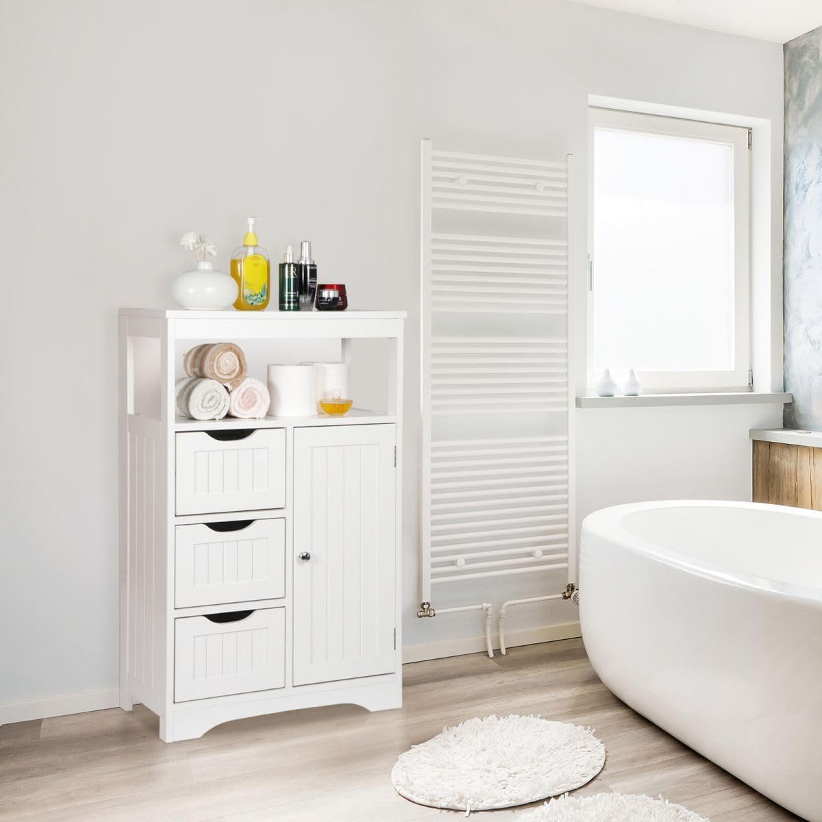 White Wooden Bathroom Floor Cabinet with 1 Door and 3 Drawers N160