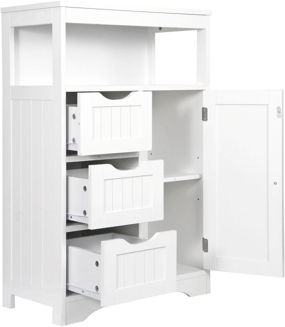 White Wooden Bathroom Floor Cabinet with 1 Door and 3 Drawers N160