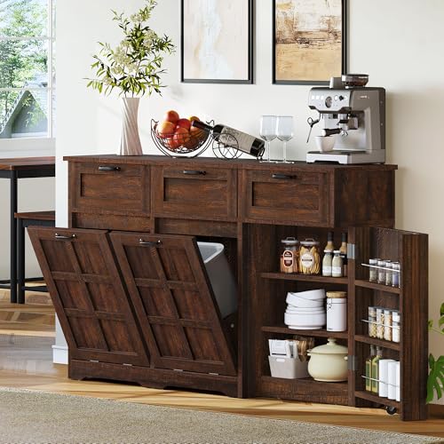 Brown Oak Double Trash Can Cabinet with Drawers P297241