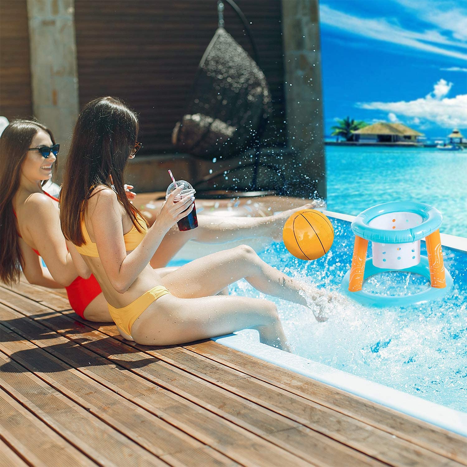 Light Blue Inflatable Pool Game Set with Volleyball Net, Basketball Hoops and Balls U461748