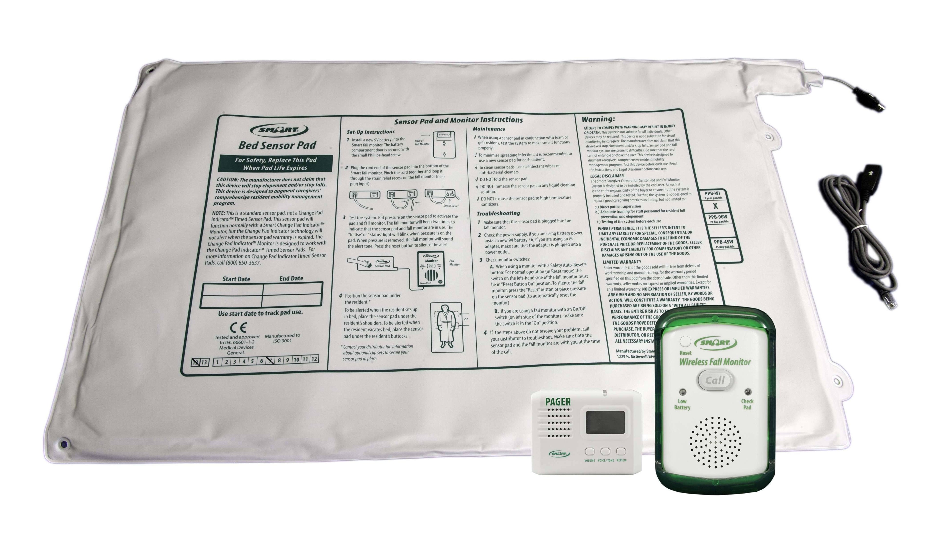 20 x 30 in. Wireless Fall Monitor with Corded Bed Weight-Sensing Pad & LCD Pager System U4051