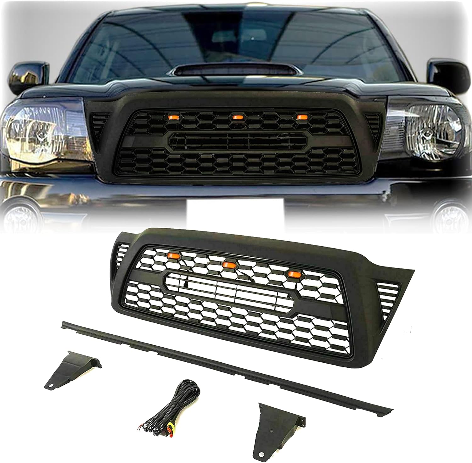 Gloss Black Front Grille with 3 Amber LED Lights D88664