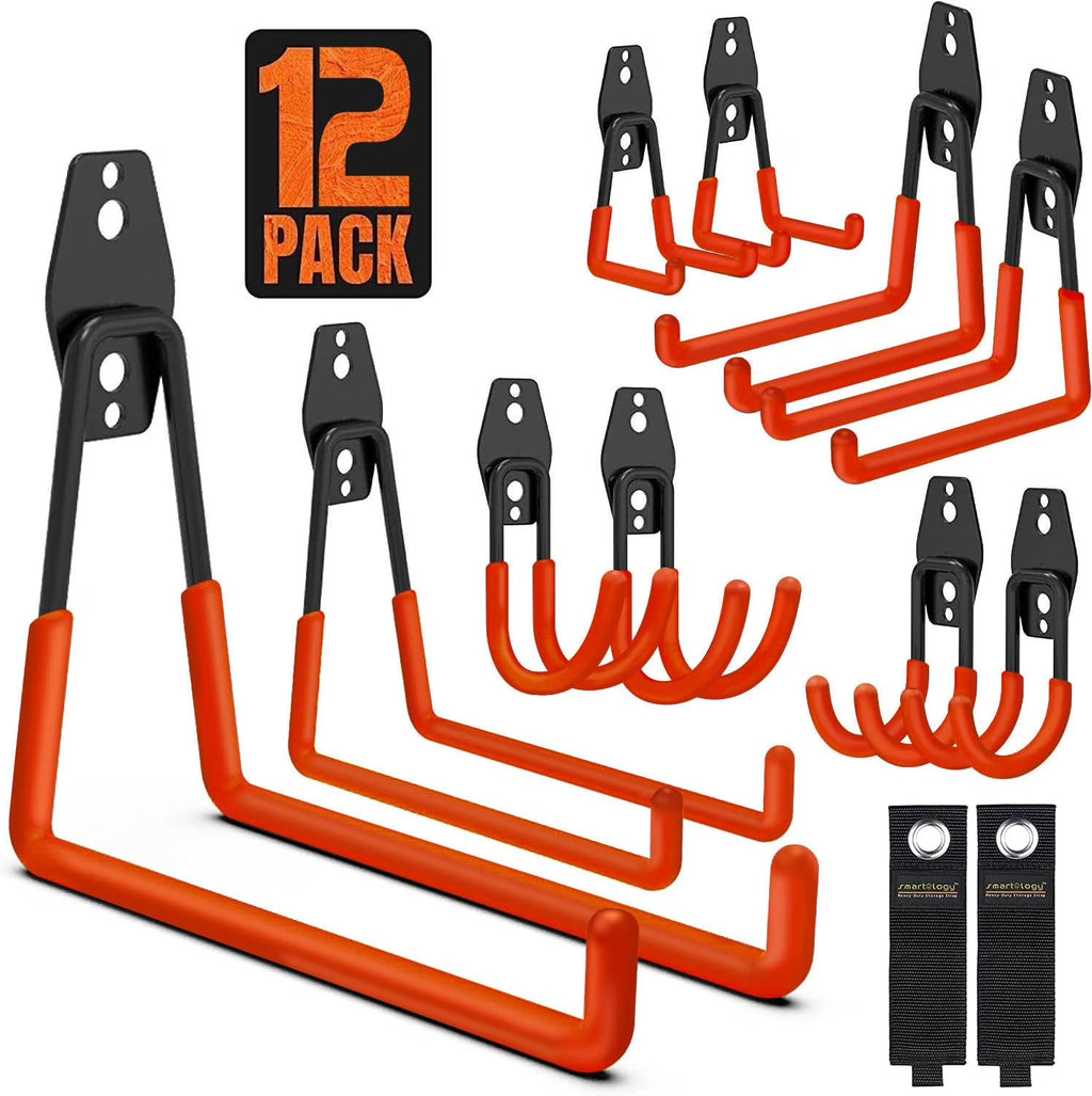 12 Pack Wall Storage Hooks with 2 Extension Cord Straps, Heavy Duty Tool Hangers H49489