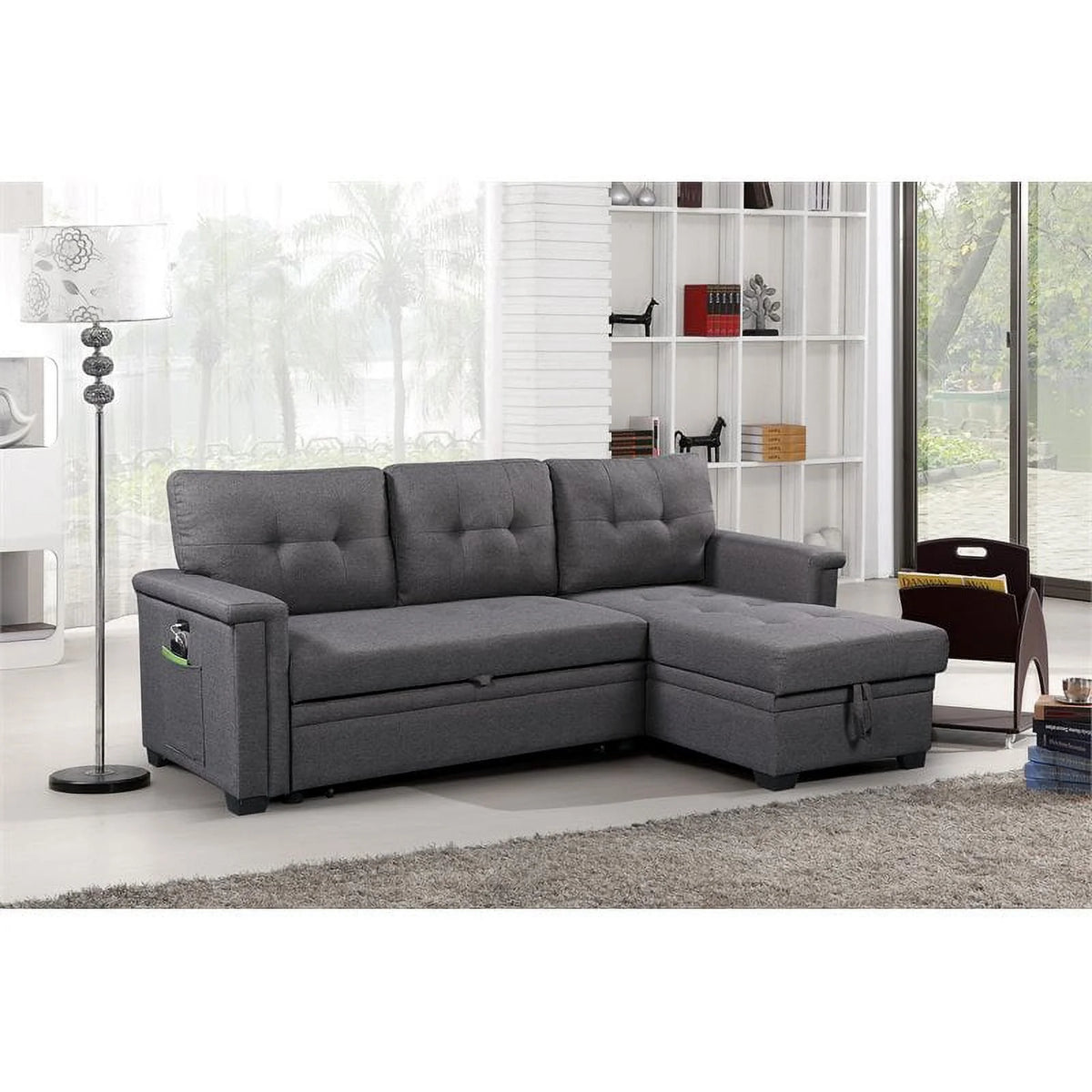 Gray Reversible Sleeper Sofa Storage Chaise with USB Charging Ports G2367