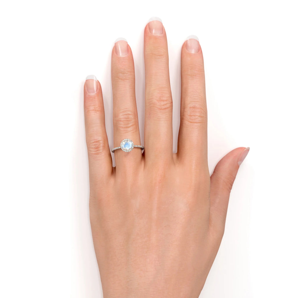 1.75 Carat Round Cut Blue Moonstone and Moissanite Halo Engagement Ring in 18k Rose Gold over Silver E1011