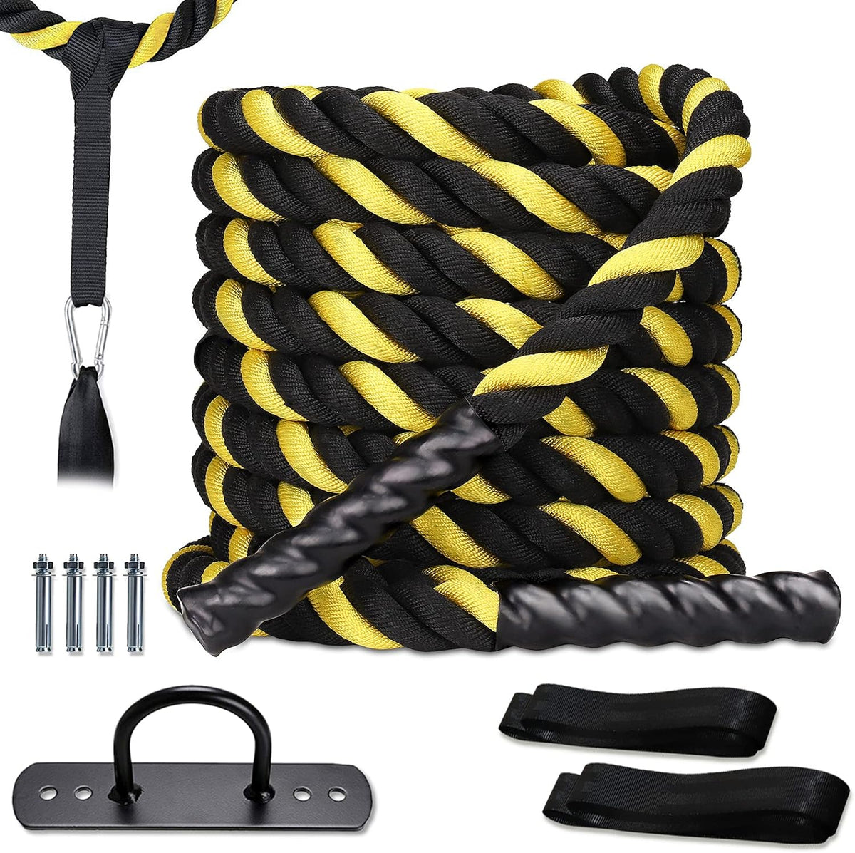 Heavy Battle Rope with Polyester Cover, Anchor Strap, Wall Mount Kit, Yellow L92084