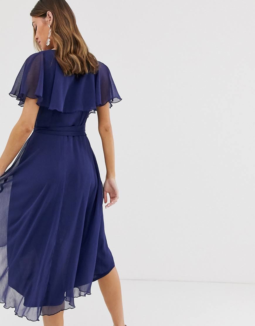 Navy-Blue Cape Back Dipped Hem Midi Dress D8999