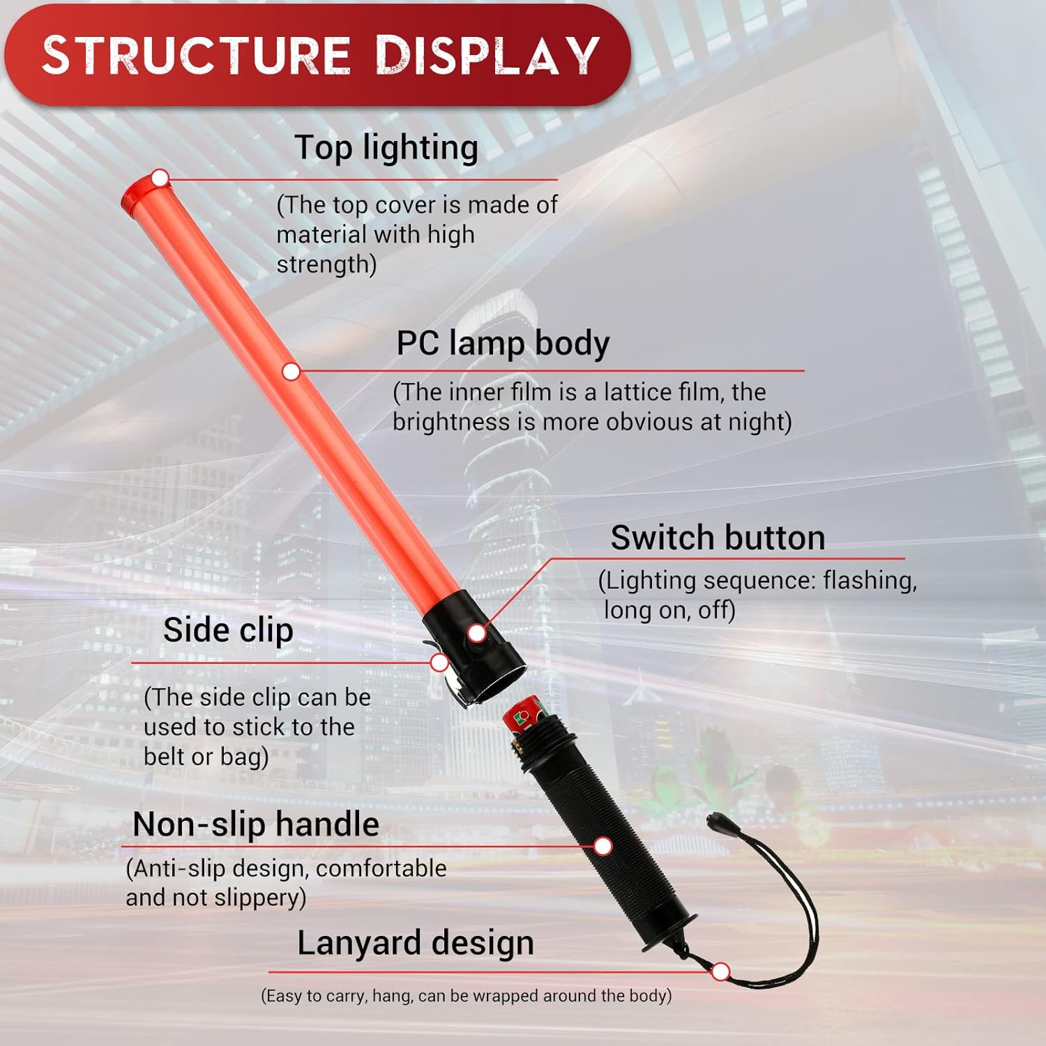 24 Pieces 21 Inch LED Safety Traffic Control Wand with 2 Flashing Modes, Wrist Strap Lanyard and Side Clip X7662